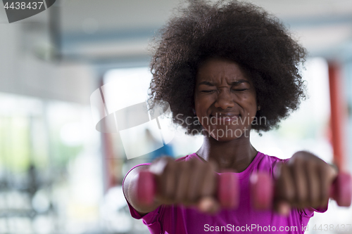 Image of woman working out in a crossfit gym with dumbbells