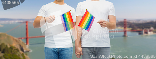 Image of male couple with gay pride rainbow flags