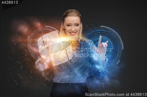 Image of businesswoman with virtual space hologram