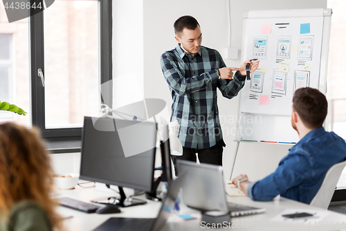 Image of man showing smart watch to creative team at office