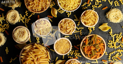 Image of Bowls of pasta and macaroni in assortment