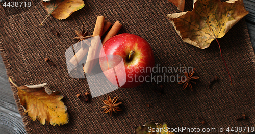 Image of Ripe apple with fallen leaves and spices