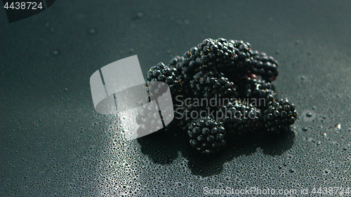 Image of Pile of shiny blackberries on wet surface