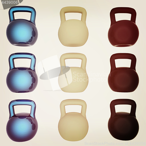 Image of A set of sports items - weights. 3d illustration. Vintage style