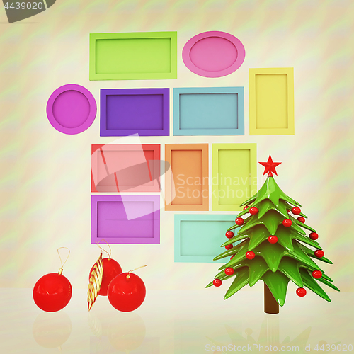 Image of Set of Christmas and New Year frames and Christmas tree. 3D rend