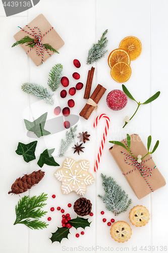 Image of Christmas Symbols of Food Flora and Gift Boxes