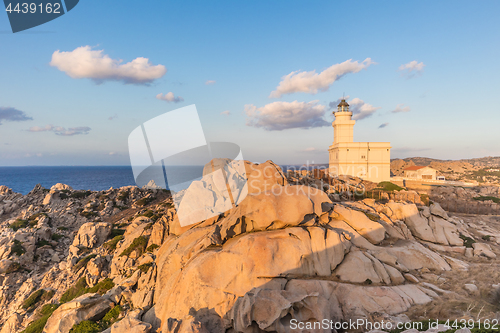 Image of Lighthouse on granite rock formations at Capo Testa, Sardinia, Italy.