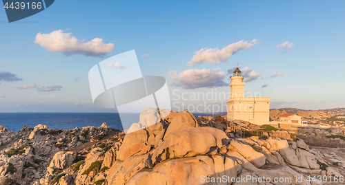 Image of Lighthouse on granite rock formations at Capo Testa, Sardinia, Italy.