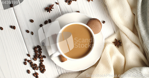 Image of White mug of coffee on table