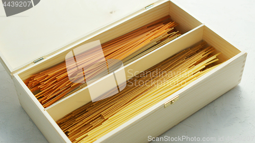 Image of Raw spaghetti placed in box