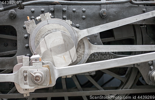 Image of train wheel machinery closeup