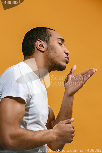 Image of Lovely Afro-American man is making air kiss against orange background