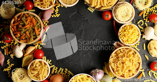 Image of Arranged bowls with pasta assortment