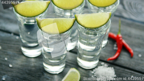 Image of Tequila shots served on table 