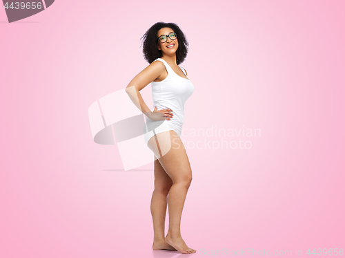 Image of happy african american woman in white underwear