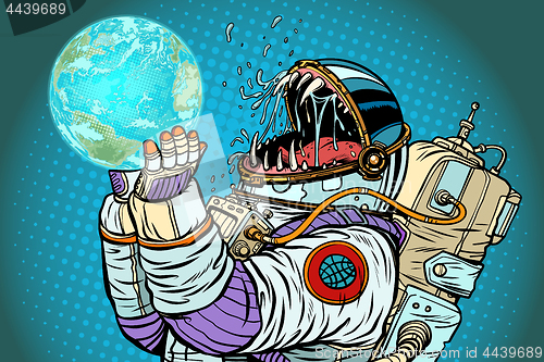 Image of Astronaut monster earth planet. Greed and hunger of mankind conc