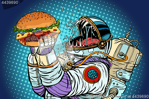 Image of Astronaut monster eats burger. Greed and hunger of mankind conce