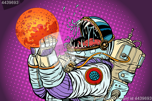 Image of Astronaut monster eats Mars. Greed and hunger of mankind concept
