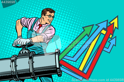 Image of businessman opens pipe, growth chart up