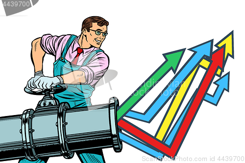 Image of businessman opens pipe, growth chart up. Isolate on white backgr