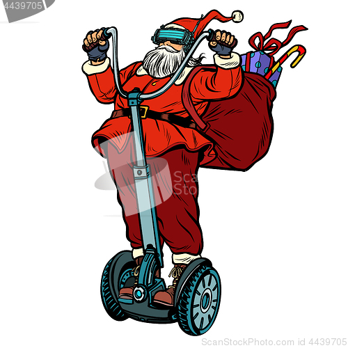 Image of Santa Claus in VR glasses, with Christmas gifts rides an electri