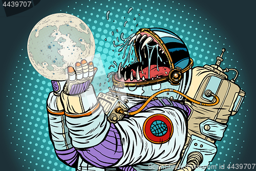 Image of Astronaut monster eats Moon. Greed and hunger of mankind concept