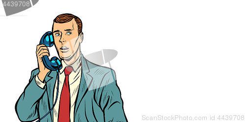 Image of man talking on a retro phone. Isolate on white background