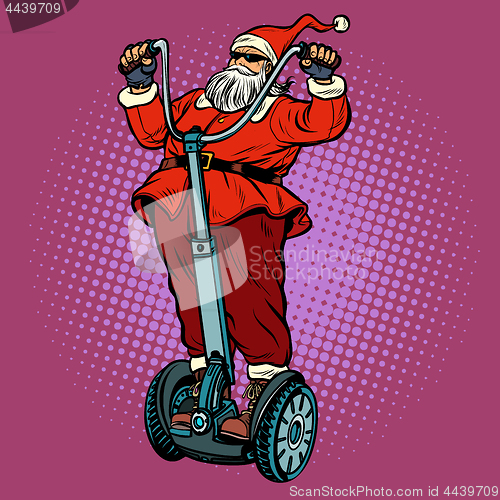 Image of Santa Claus biker with Christmas gifts rides an electric scooter