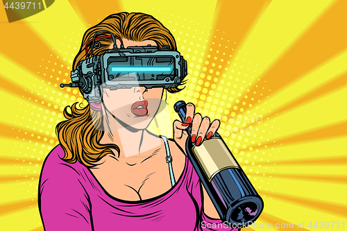 Image of VR glasses. Woman drinking wine from a bottle. Loneliness and sa