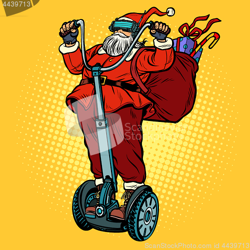 Image of Santa Claus in VR glasses, with Christmas gifts rides an electri