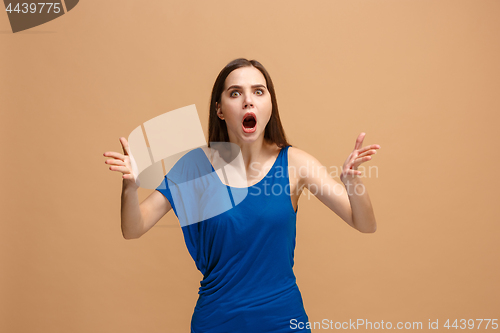 Image of Portrait of an argue woman looking at camera isolated on a pastel background