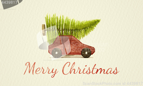 Image of red toy car with green christmas tree water color painting