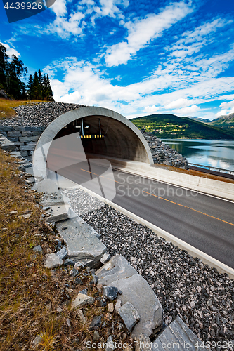 Image of Mountain road in Norway. The entrance to the tunnel.