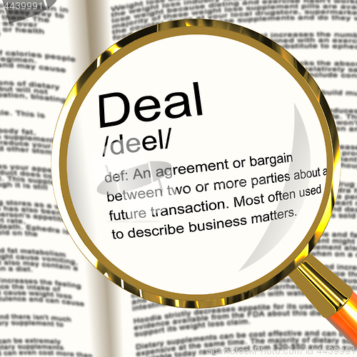 Image of Deal Definition Magnifier Showing Agreement Bargain Or Partnersh