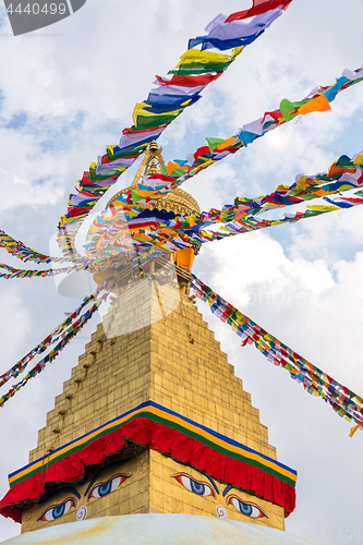 Image of Boudhanath Stupa and prayer flags in Kathmandu