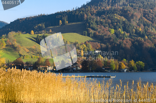 Image of Autumn landscape with township in Upper Bavaria near mountain la