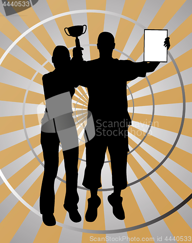 Image of Two young winners with trophy on gold silver background