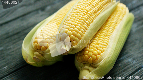 Image of Corn on cobs on wooden table