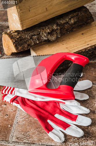 Image of Saw, mittens and firewood, close-up