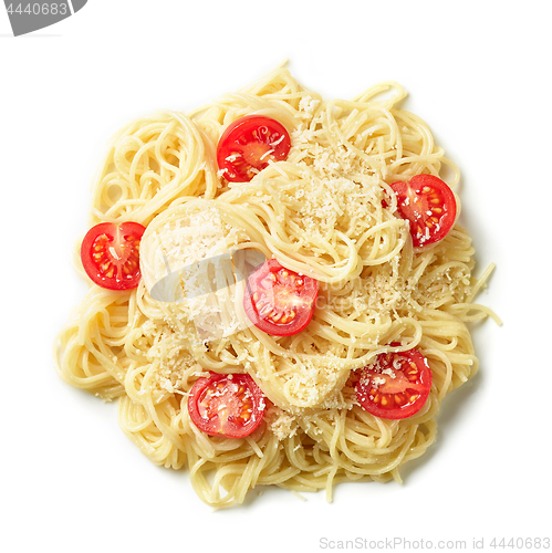 Image of pasta spaghetti with cheese and tomatoes