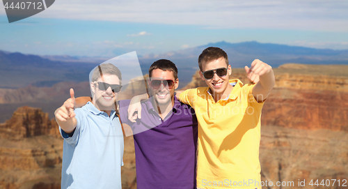Image of group of male friends hugging over grand canyon