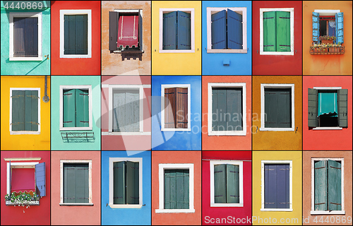 Image of Collage of colorful windows with frames in Burano, Venice, Italy