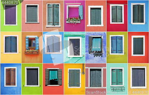 Image of Collage of colorful windows with frames in Burano, Venice, Italy