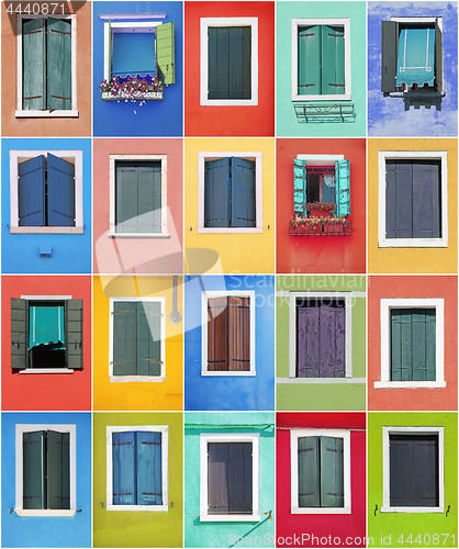 Image of Collage of colorful windows with frames in Burano, Venice, Italy