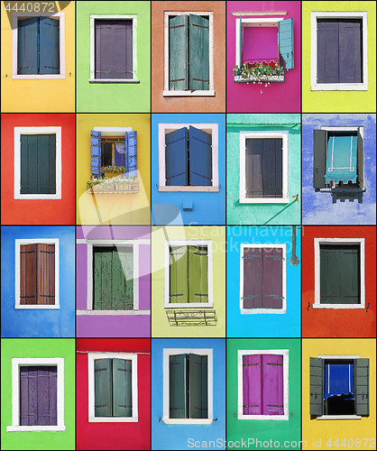 Image of Collage of colorful windows with frames in Burano, Venice, Italy