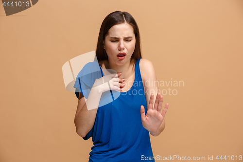 Image of Disgust woman with thoughtful expression making choice against pastel background