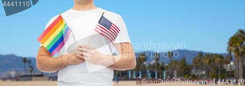 Image of man with gay pride rainbow flag and american