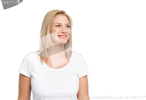 Image of happy woman in white t-shirt