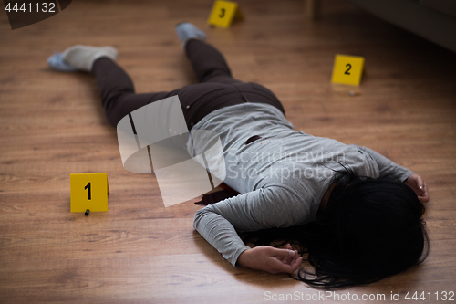 Image of dead woman body in blood on floor at crime scene