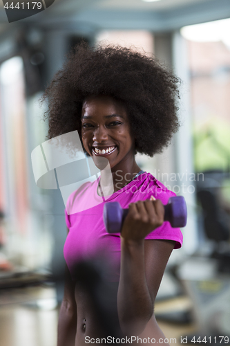 Image of woman working out in a crossfit gym with dumbbells